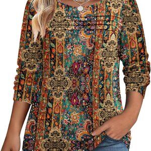 Plus Size Long Sleeve Tops for Women Fall Crewneck Shirts Pleated Casual Dressy